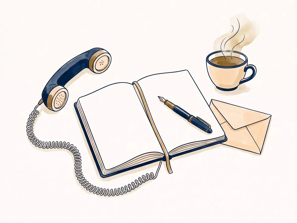 Illustration: Telefonhörer, Notizbuch und Briefumschlag