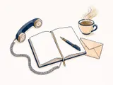 Kontakt, Kopfbereich – Telefonhörer, Notizbuch und Briefumschlag