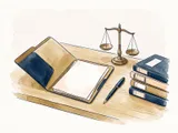 Leistungen, Kopfbereich – Schreibtisch mit Aktendeckel, Waage und Büchern