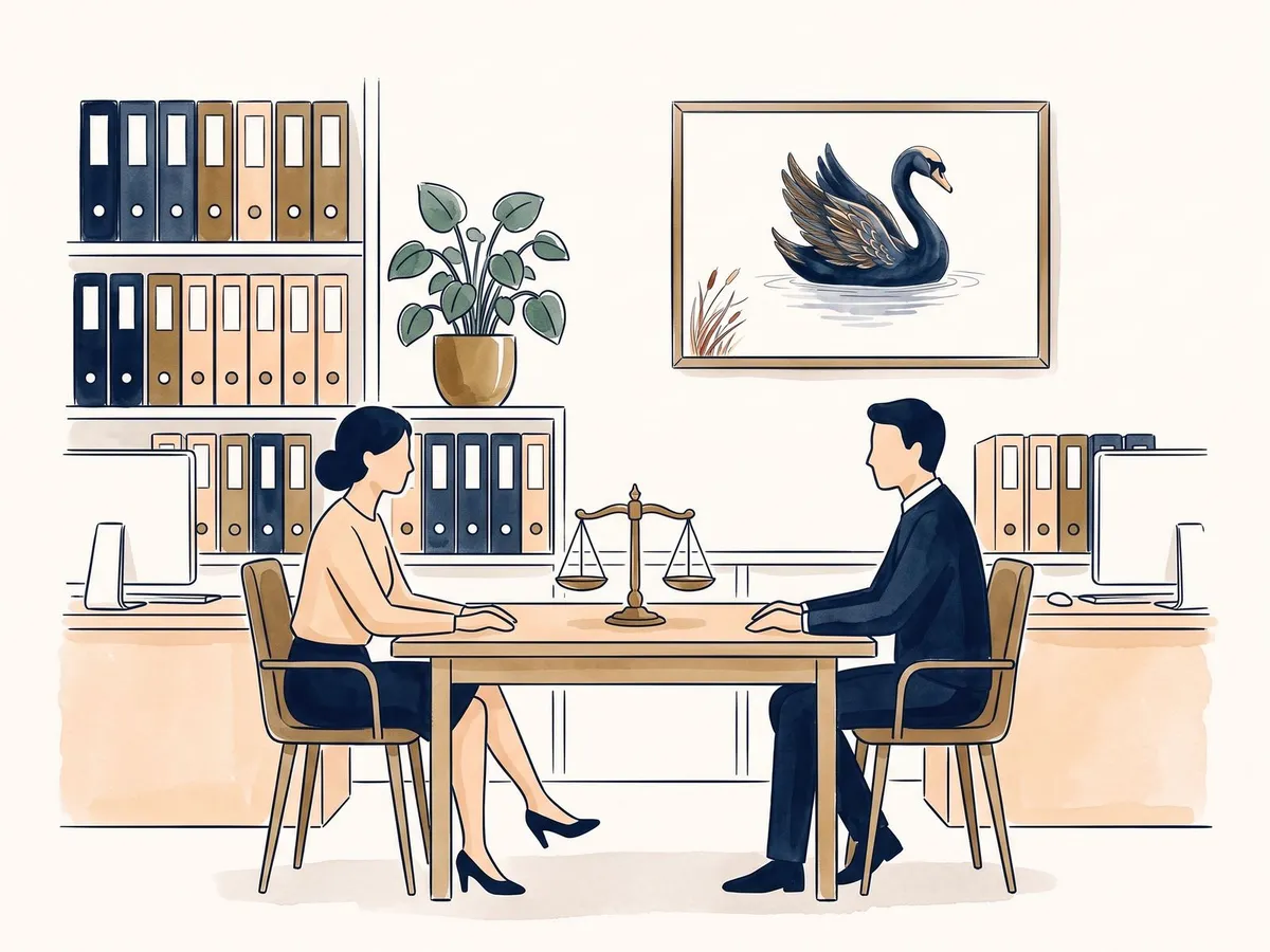 Illustration: Büroszene mit zwei stilisierten Figuren